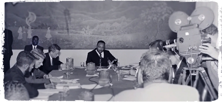 Dr. King at a press conference at the Orrington Hotel, October 1962.